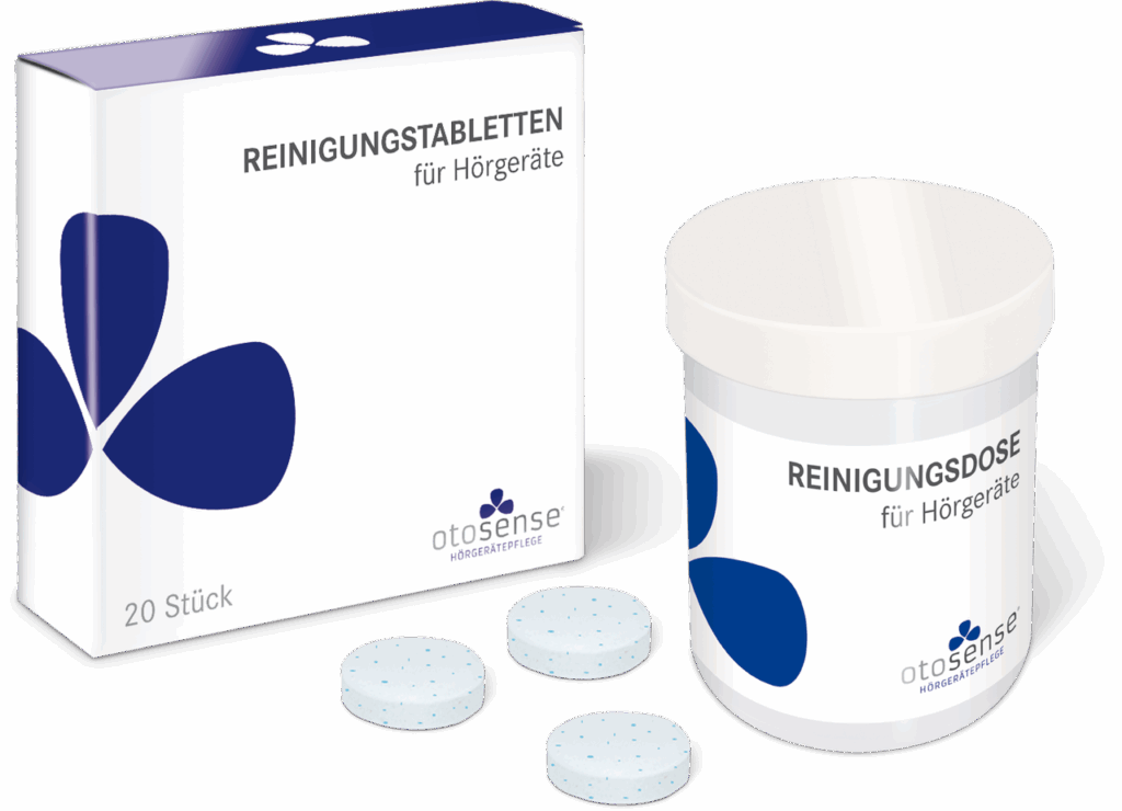 Otosense Reinigungstabletten, sowie Reinigungsdose für Hörgeräte.