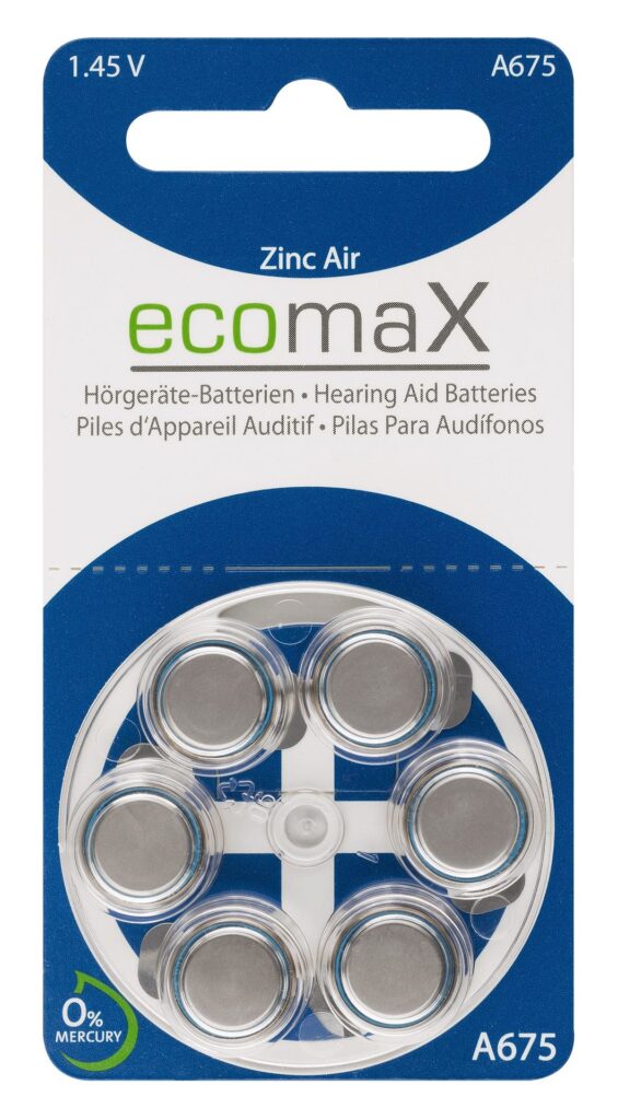 ecomaX Hörgeräte-Batterien der Größe A675 in einer blau-weißen Verpackung.