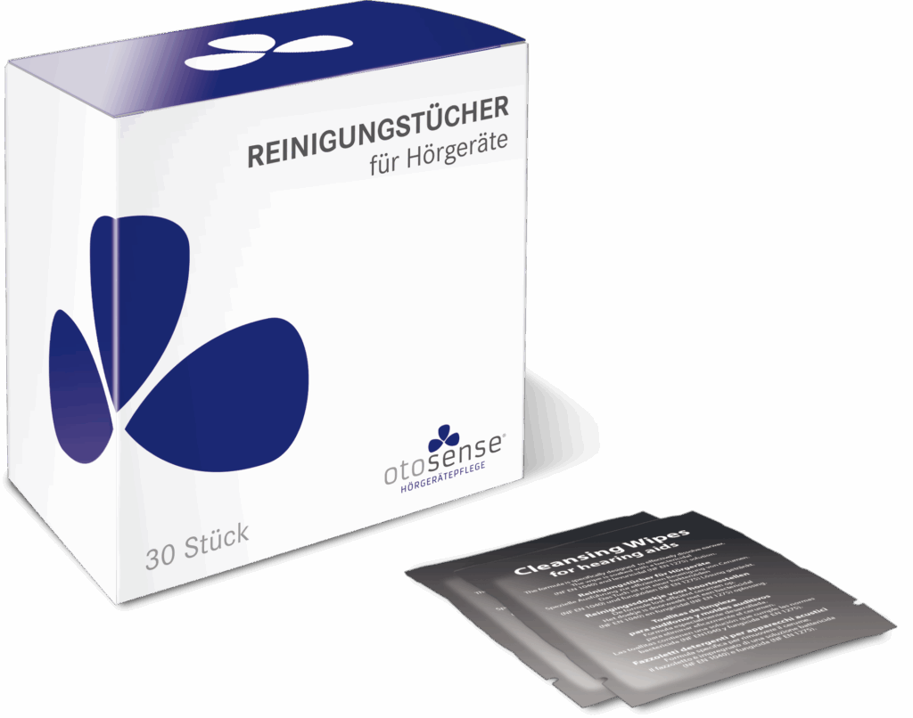 Verpackung Otosense Reinigungstücher für Hörgeräte.