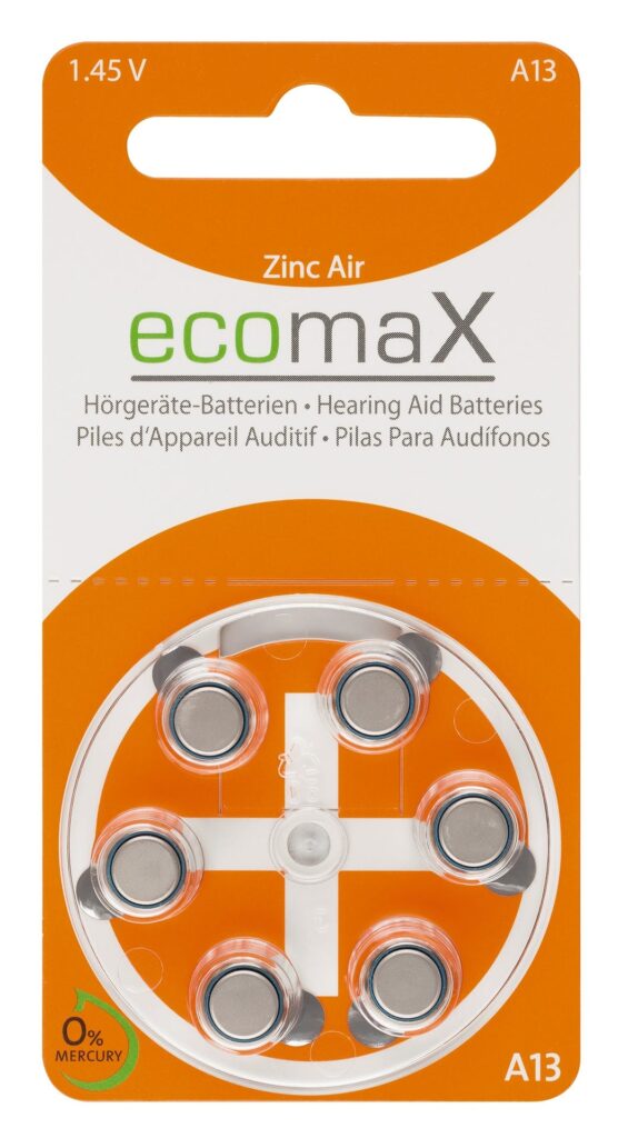 ecomaX Hörgeräte-Batterien der Größe A13 in einer orange-weißen Verpackung.