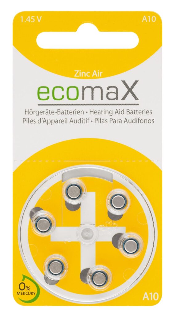ecomaX Hörgeräte-Batterien der Größe A10 in einer gelb-weißen Verpackung.