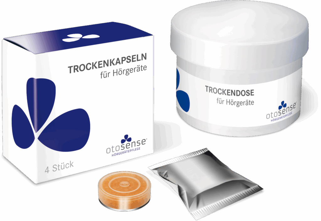Otosense Trockenkapseln sowie Trockendose für Hörgeräte.