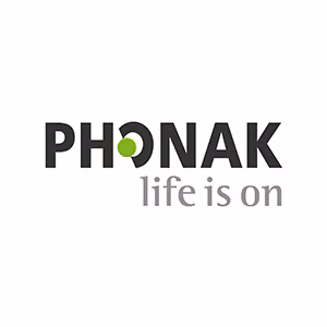 Logo Phonak in schwarz, grün und grau uf weißem Hintergrund.